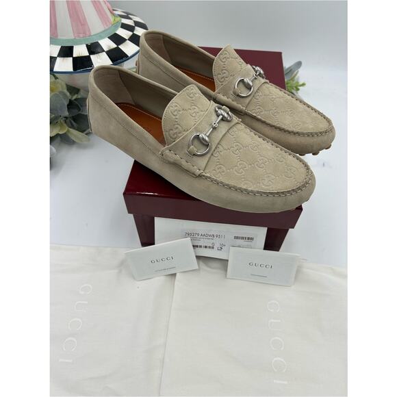 Men\'s Gucci suede oatmeal horse bit driver loafers size 10.5 fits 11 US main image 11